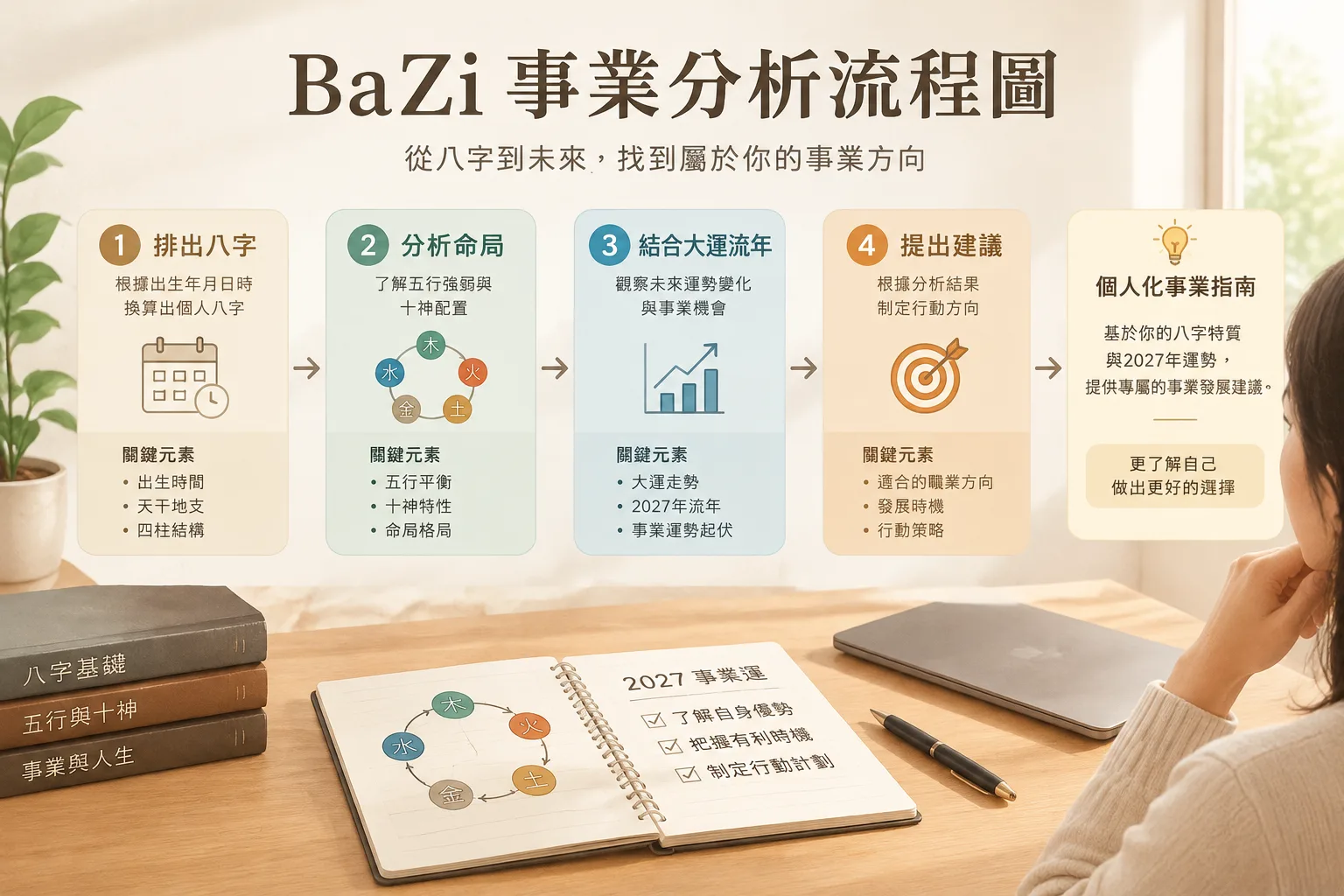BaZi事業分析流程圖，展示步驟和關鍵元素
