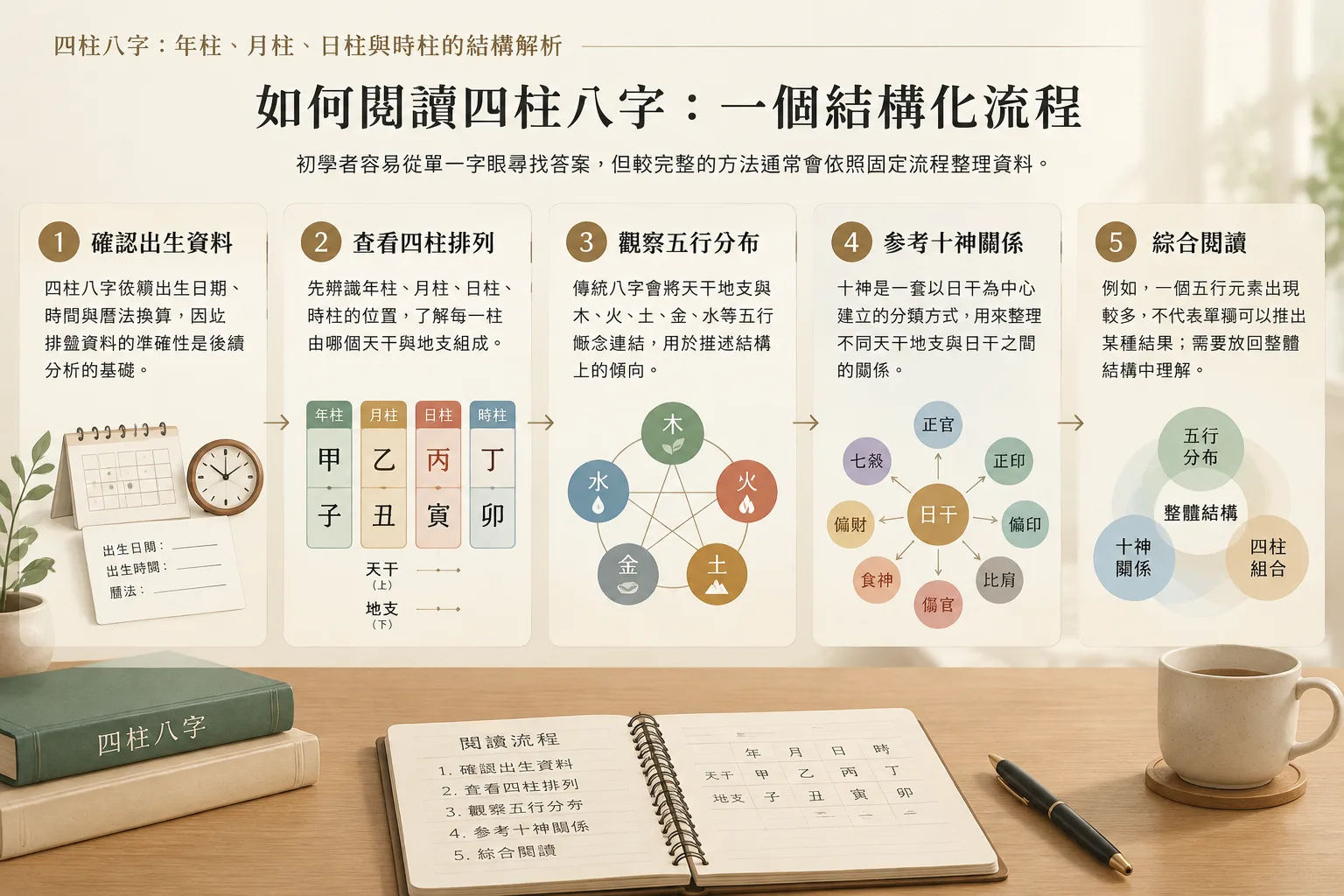 傳統八字閱讀流程圖，從出生資料到四柱排盤再到五行分析，現代簡約資訊圖風格
