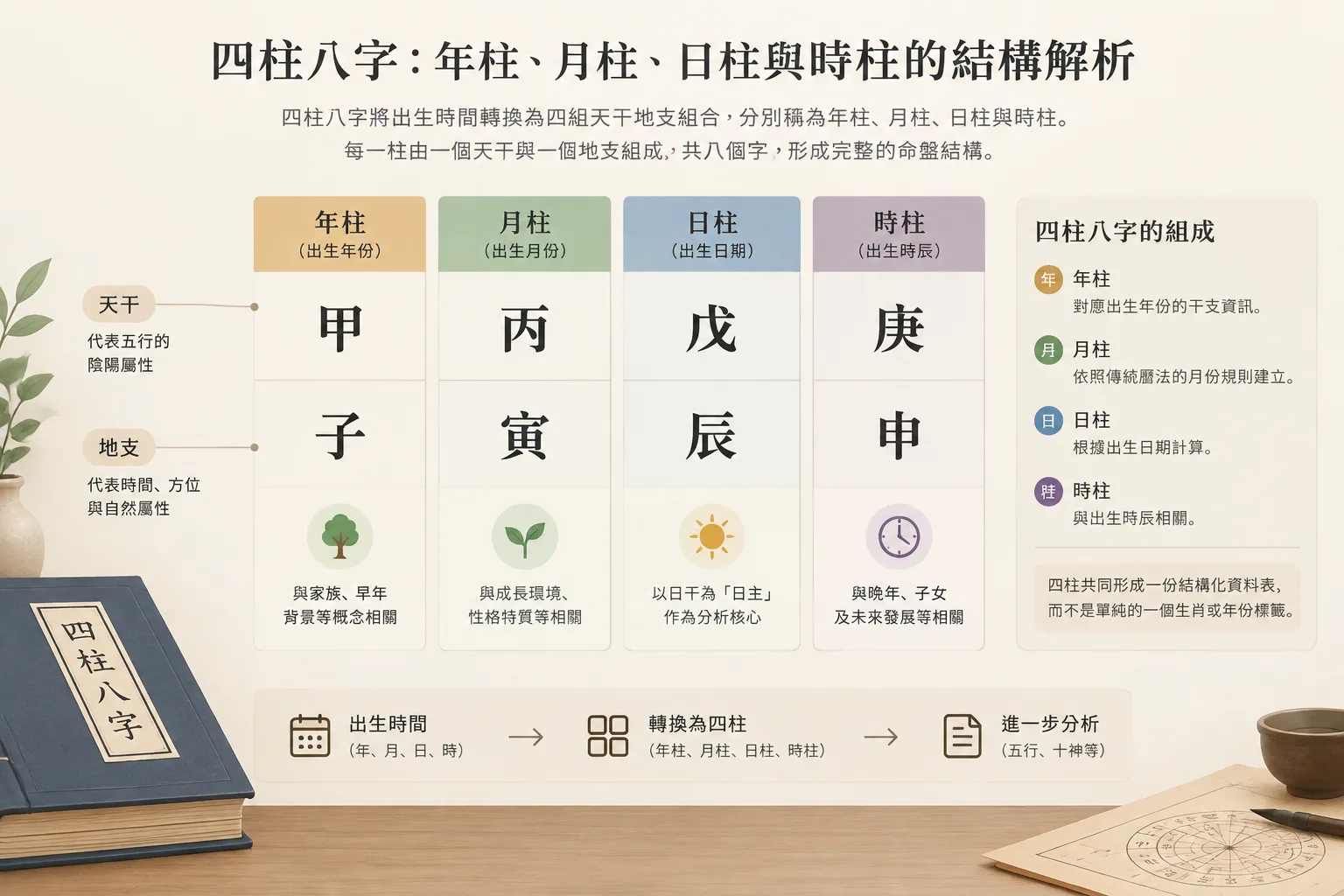 清晰的四柱八字結構圖，展示年柱月柱日柱時柱排列與天干地支關係，簡潔編輯風格