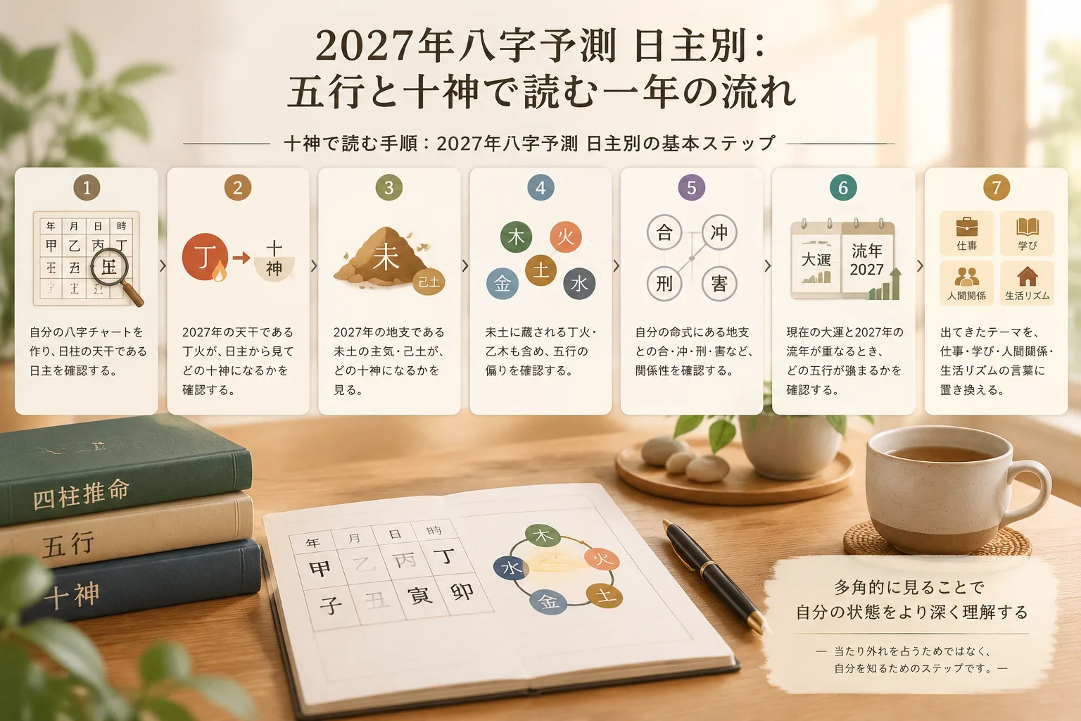 Step-by-step reading flow from Day Master to Ten Gods to five elements balance