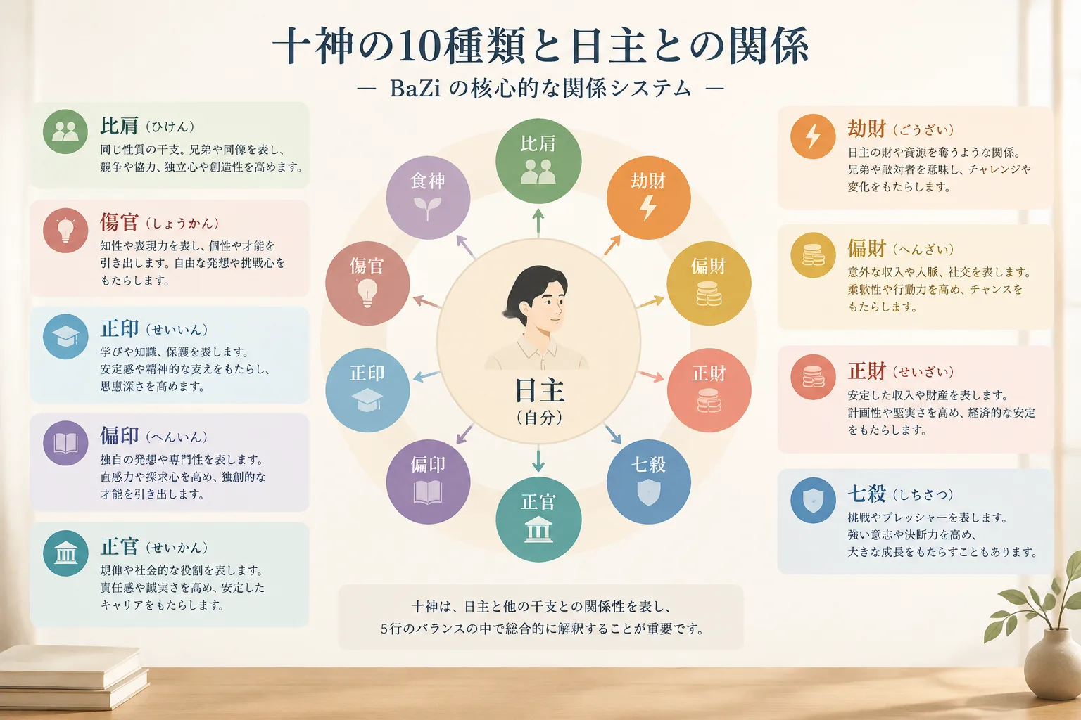 十神の10種類と日主との関係を示したシンプルな図