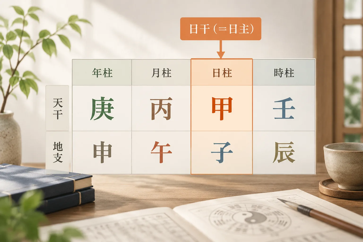 restrained editorial illustration of a BaZi chart layout