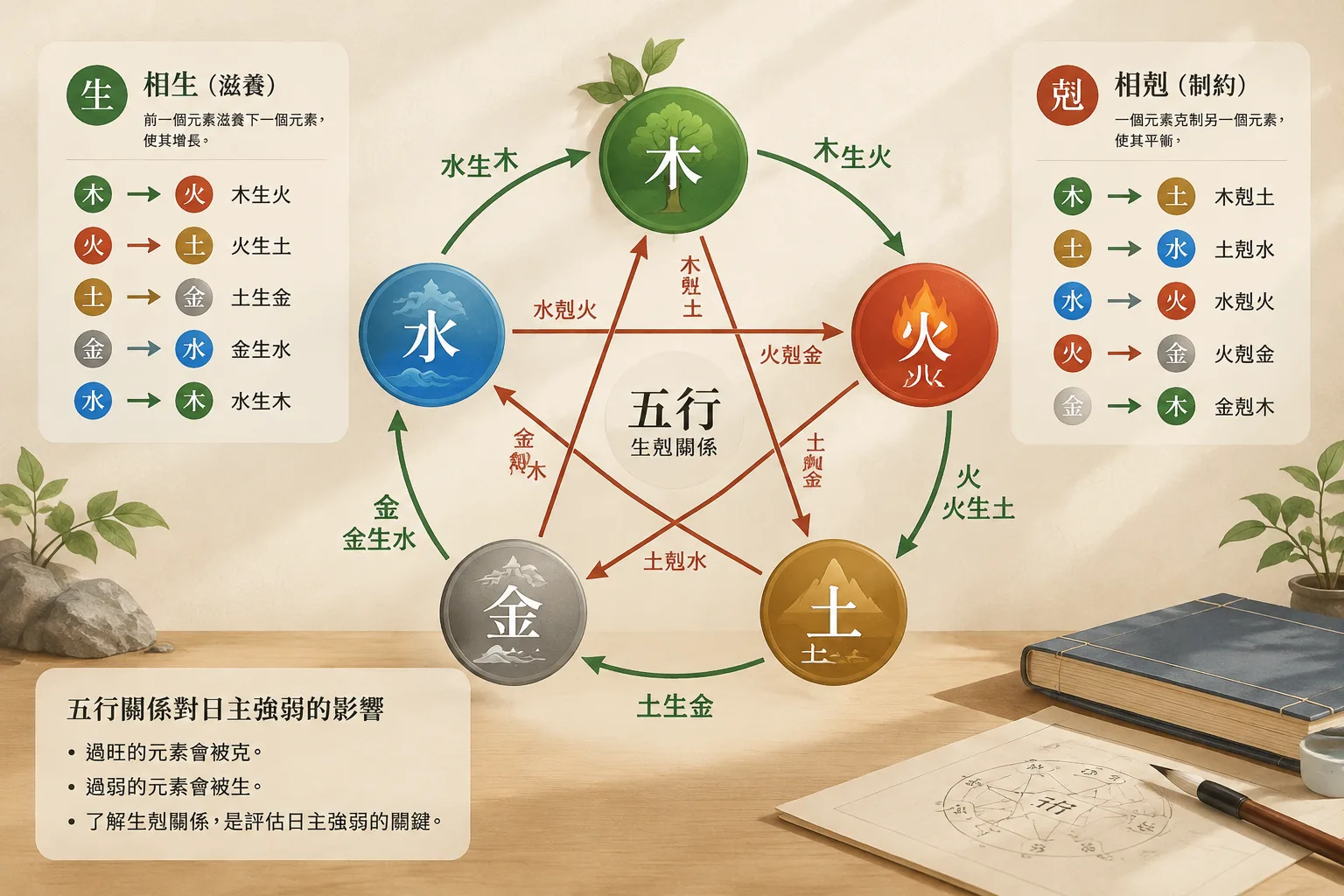 五行生剋循環圖，顯示木火土金水的生剋關係，清晰標註每個元素的生剋對象