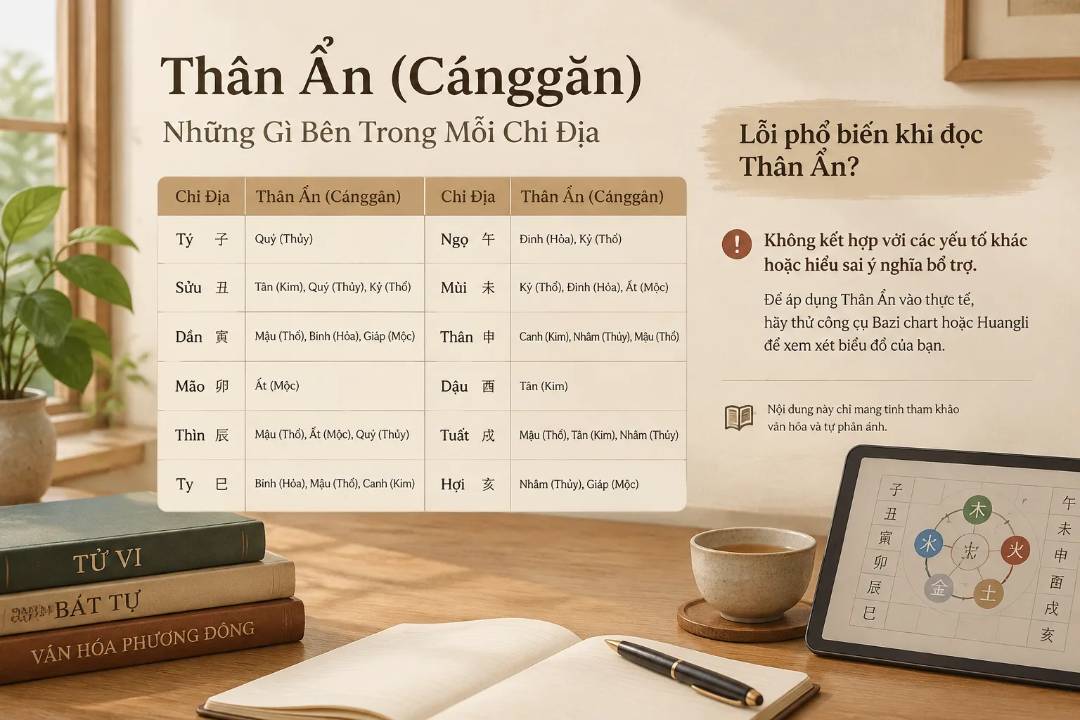 Table listing all 12 earthly branches and their corresponding hidden stems in Vietnamese