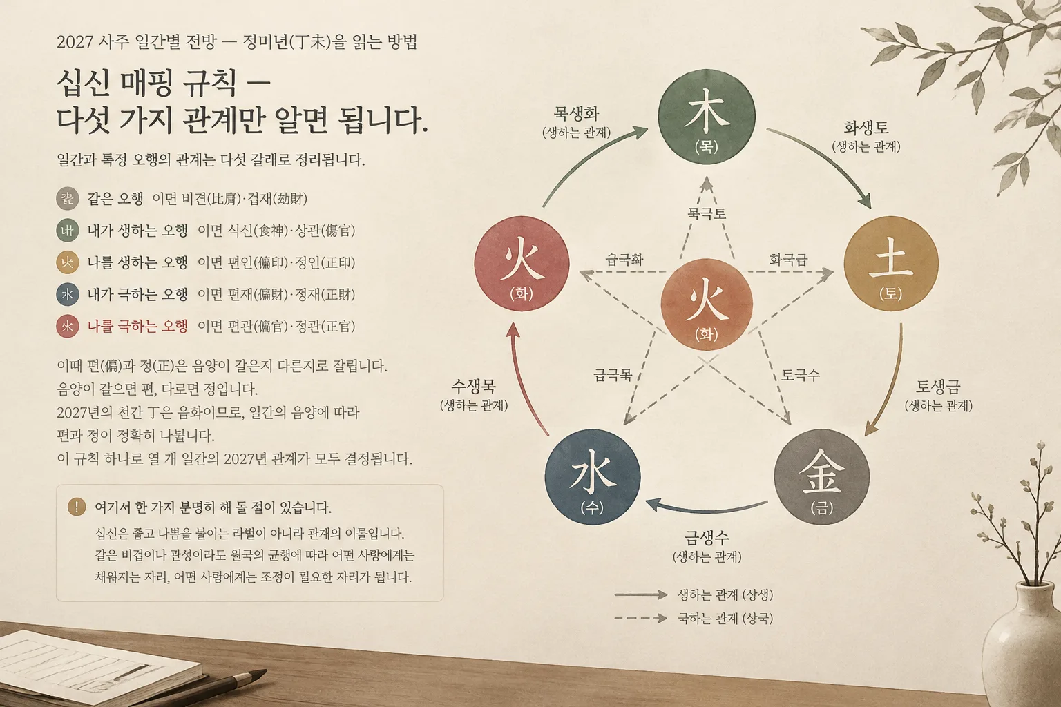 Minimal editorial diagram of five element relationship arrows between fire and the five elements