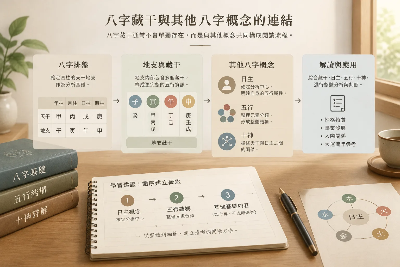 calm editorial workflow diagram connecting bazi chart
