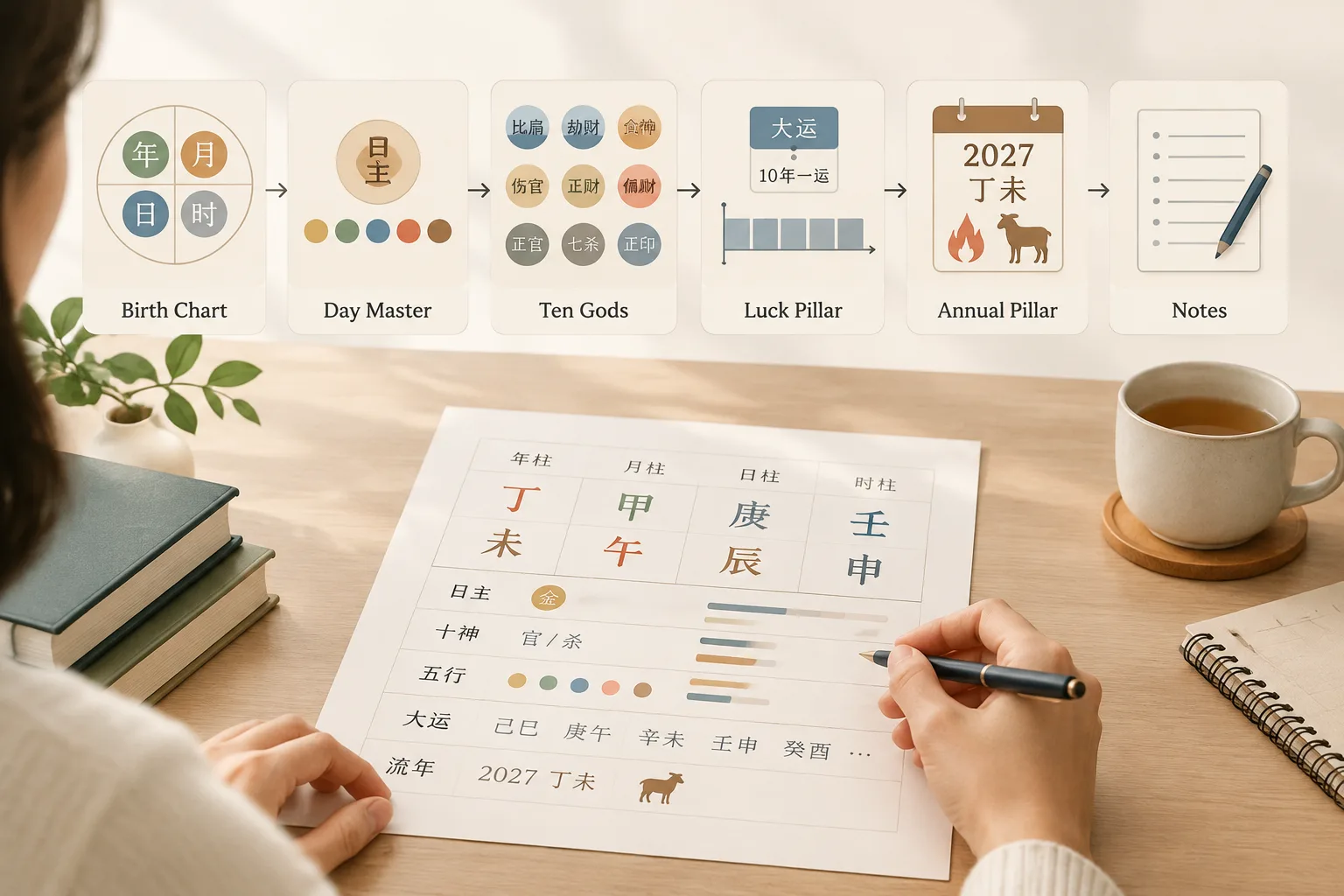 Step-by-step flow showing birth chart, day master, ten gods, luck pillar, annual pillar and notes