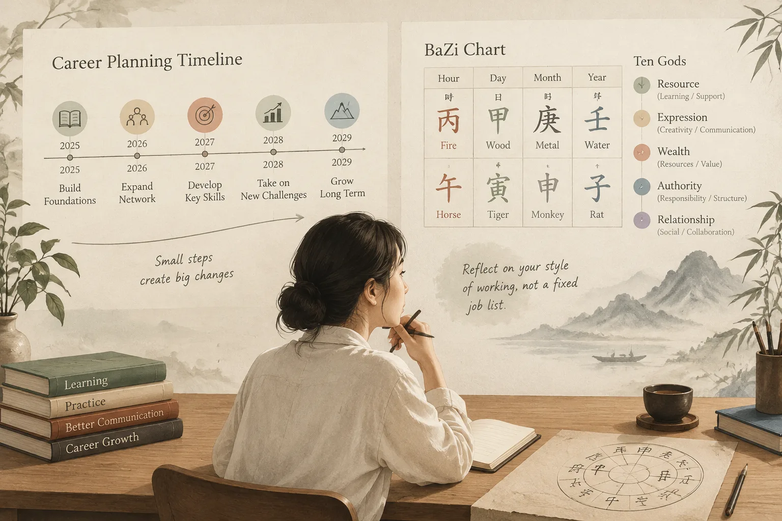 Minimal editorial illustration comparing a career planning timeline