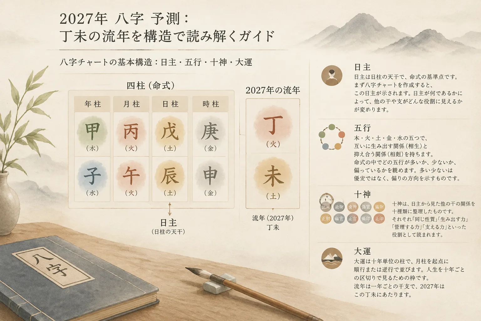 Quiet diagram of a four-pillar BaZi chart beside a 2027 Ding Wei year pillar