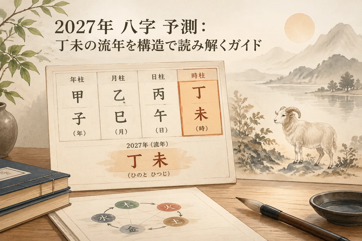 Editorial illustration of a four-pillar BaZi chart
