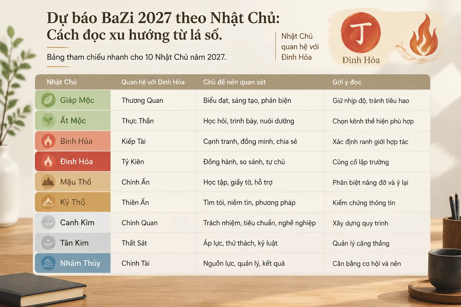 Comparison table diagram of ten Day Masters and their 2027 relationship to Ding Fire