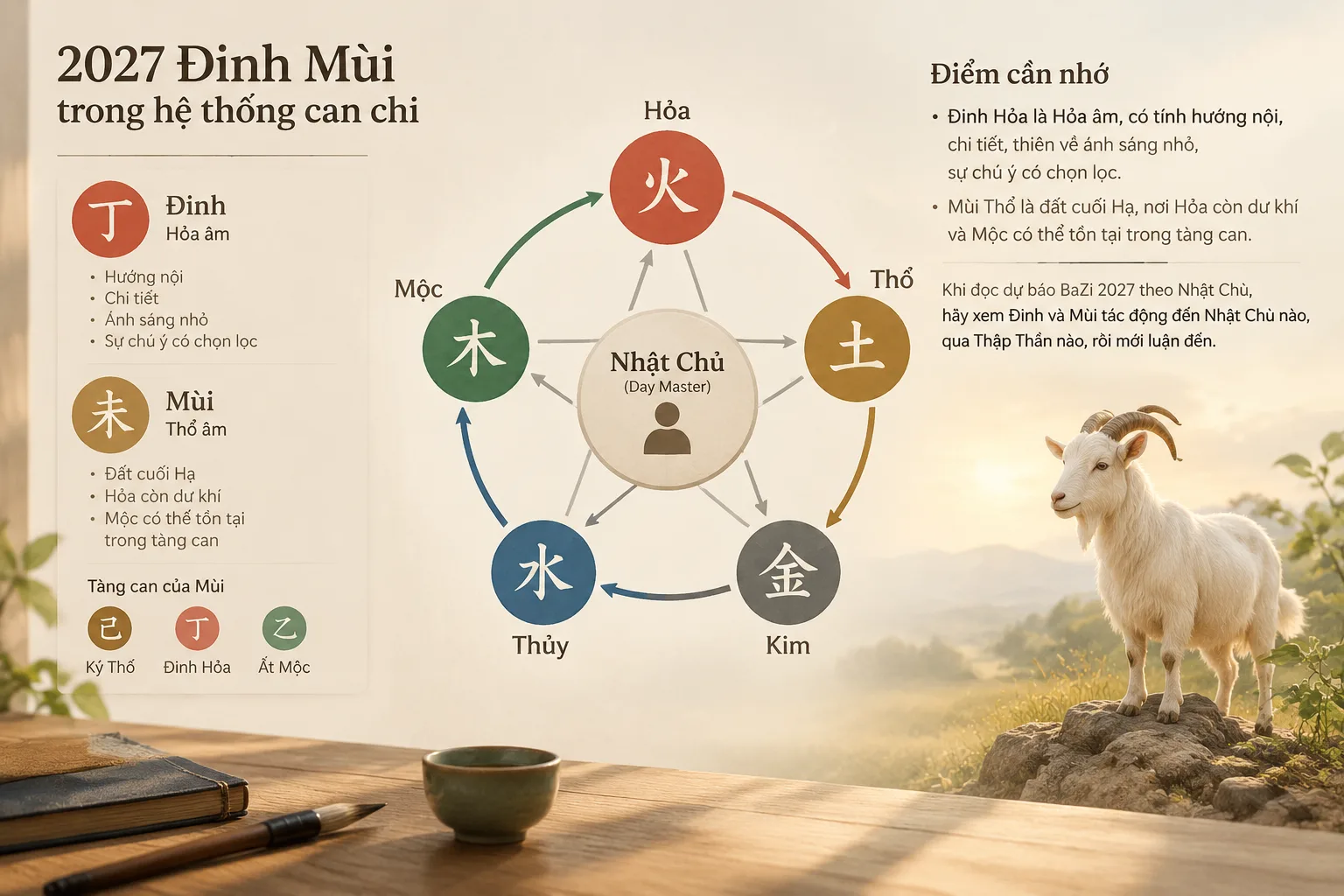 Editorial diagram of 2027 Ding Wei year pillar with Day Master in the center and five element arrows