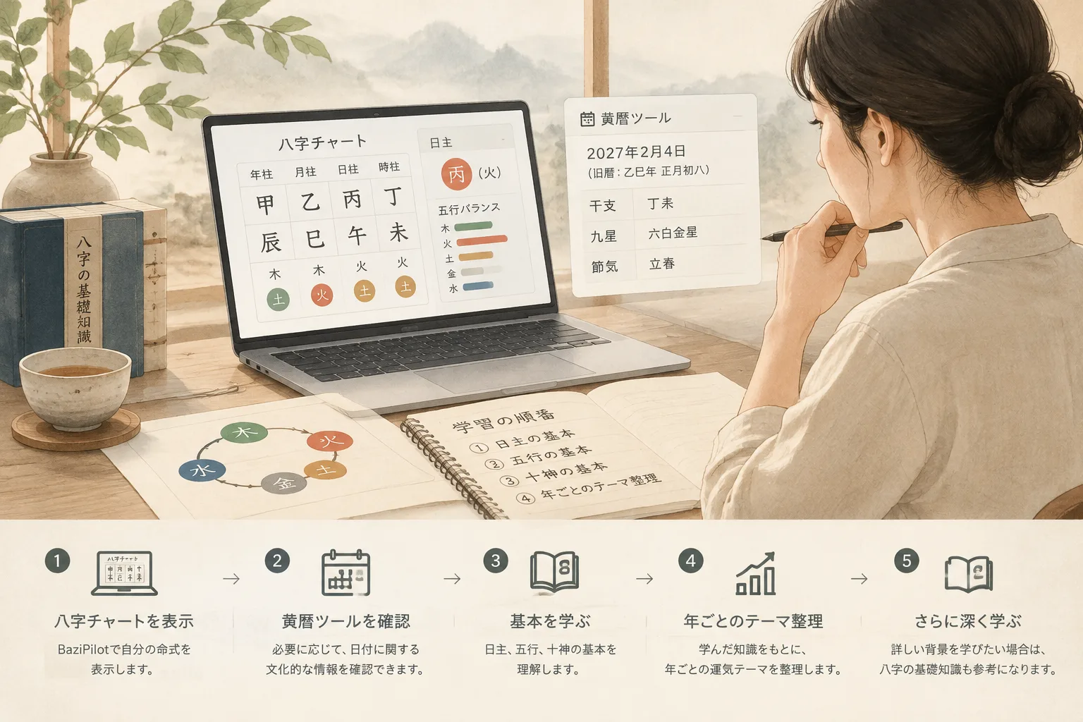 Restrained ink wash style illustration of a person reviewing a traditional chart