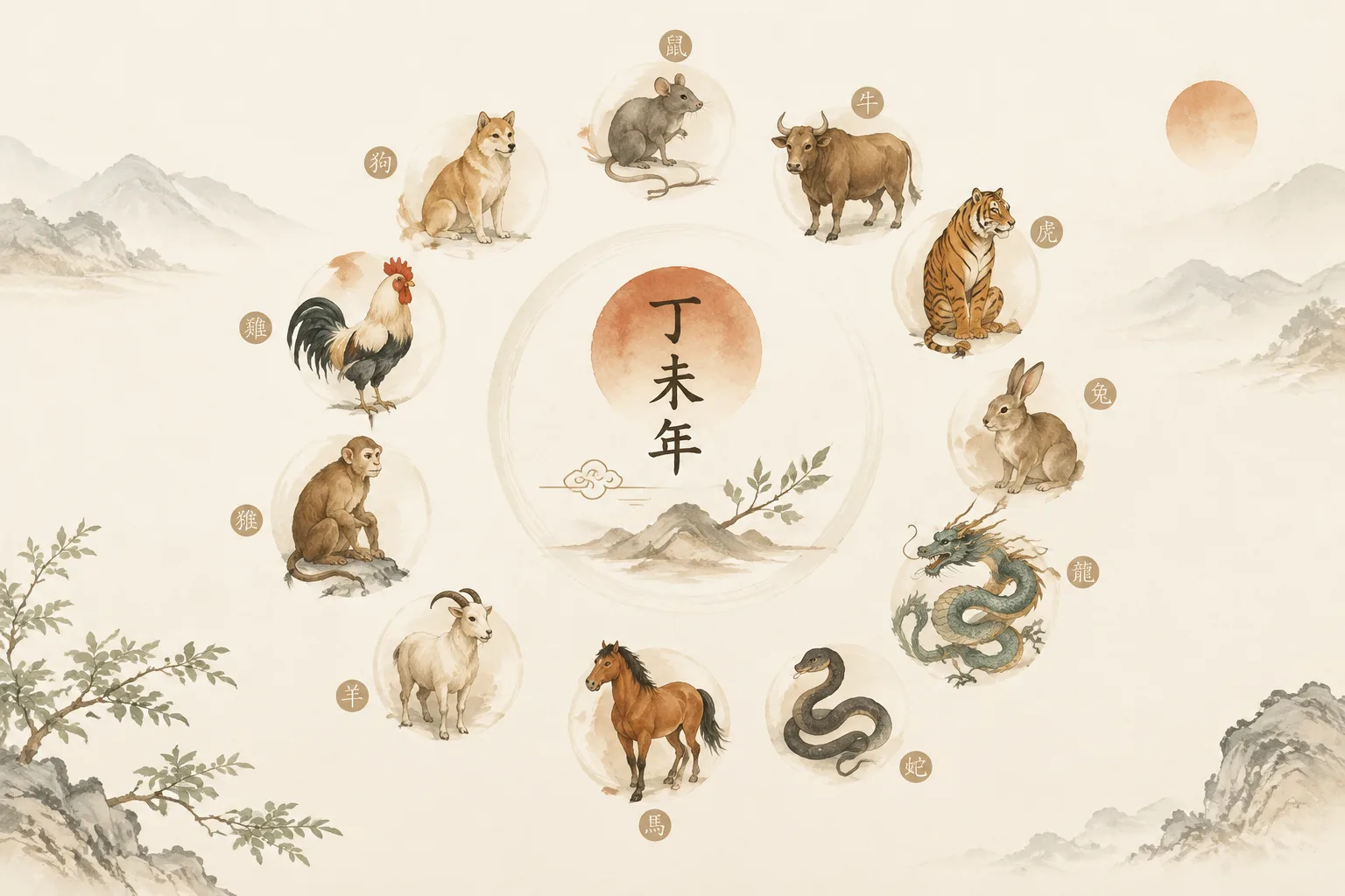 Twelve zodiac animals arranged in a quiet circular diagram