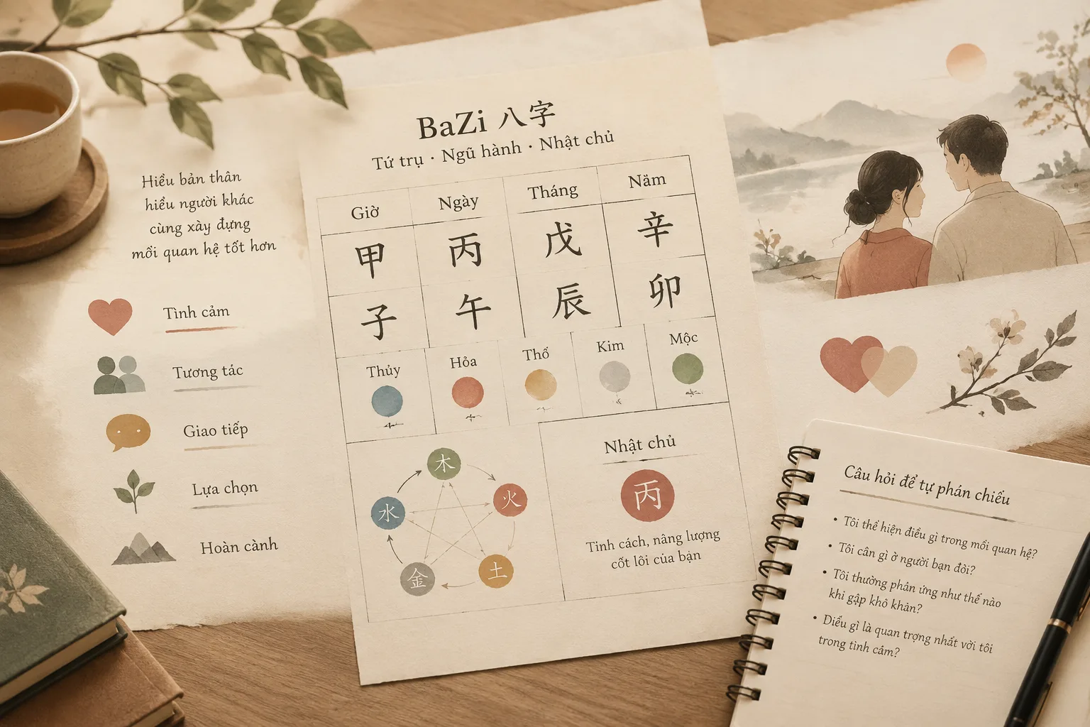 Quiet editorial illustration of a BaZi chart layout