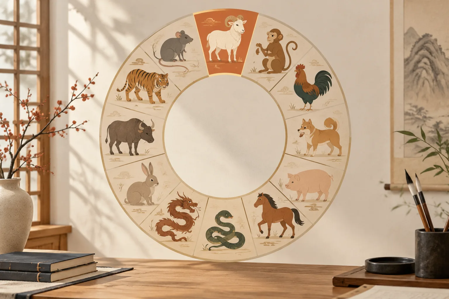 Minimal editorial illustration of a twelve-part zodiac ring