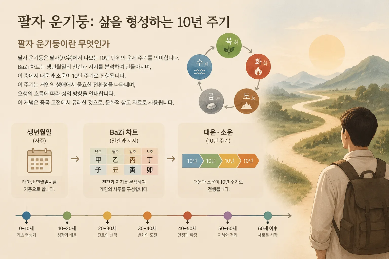 팔자 운기둥의 10년 주기 구조를 보여주는 다이어그램