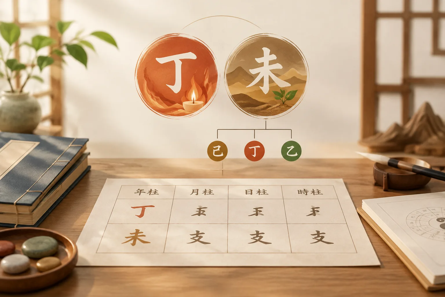 restrained editorial diagram of Ding Wei year stem and branch above a BaZi chart grid