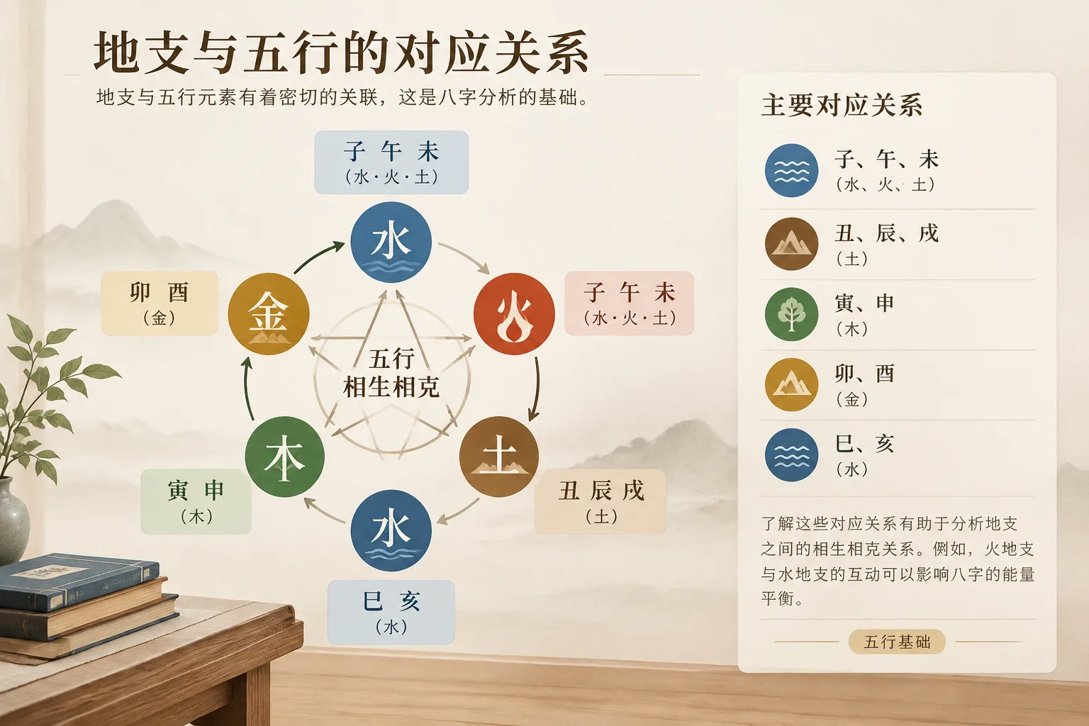 地支与五行的对应关系图示，清晰标注五行属性