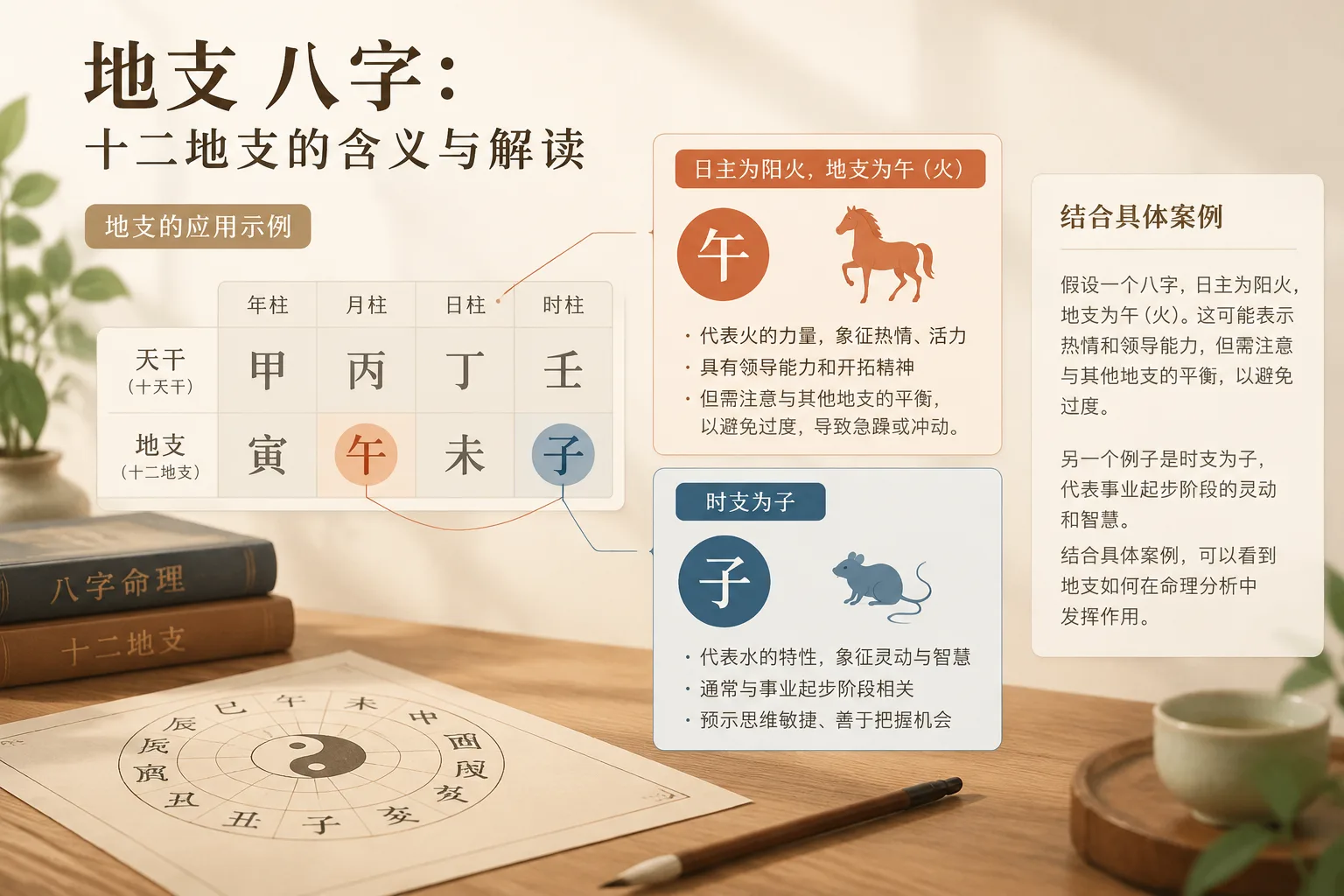 八字四柱示例图，突出地支部分并标注含义