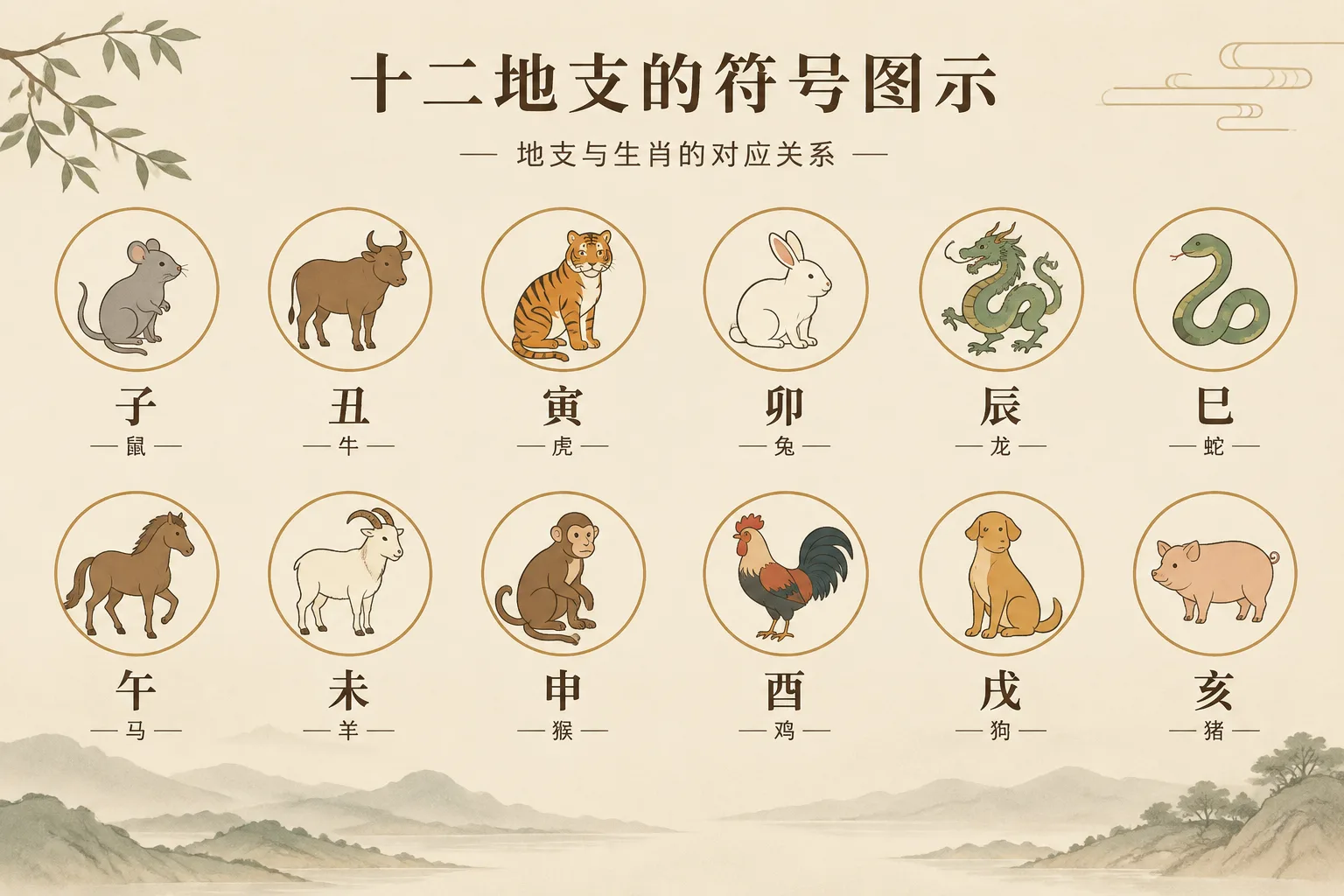 十二地支的符号图示，采用简洁的线条风格，展示每个地支的中文名称和生肖