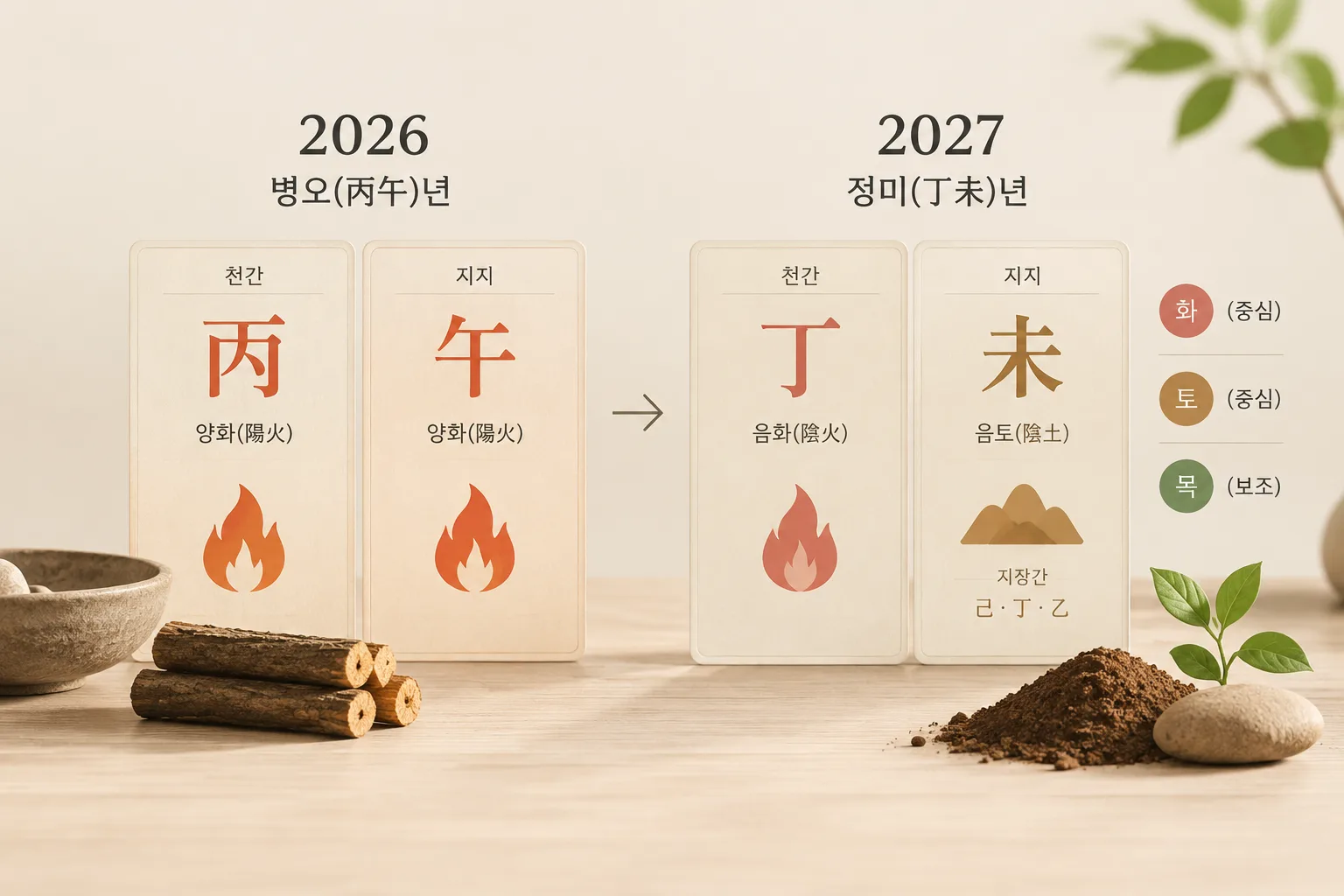 Comparison layout of the 2026 Byeong-o and 2027 Jeong-mi year pillars