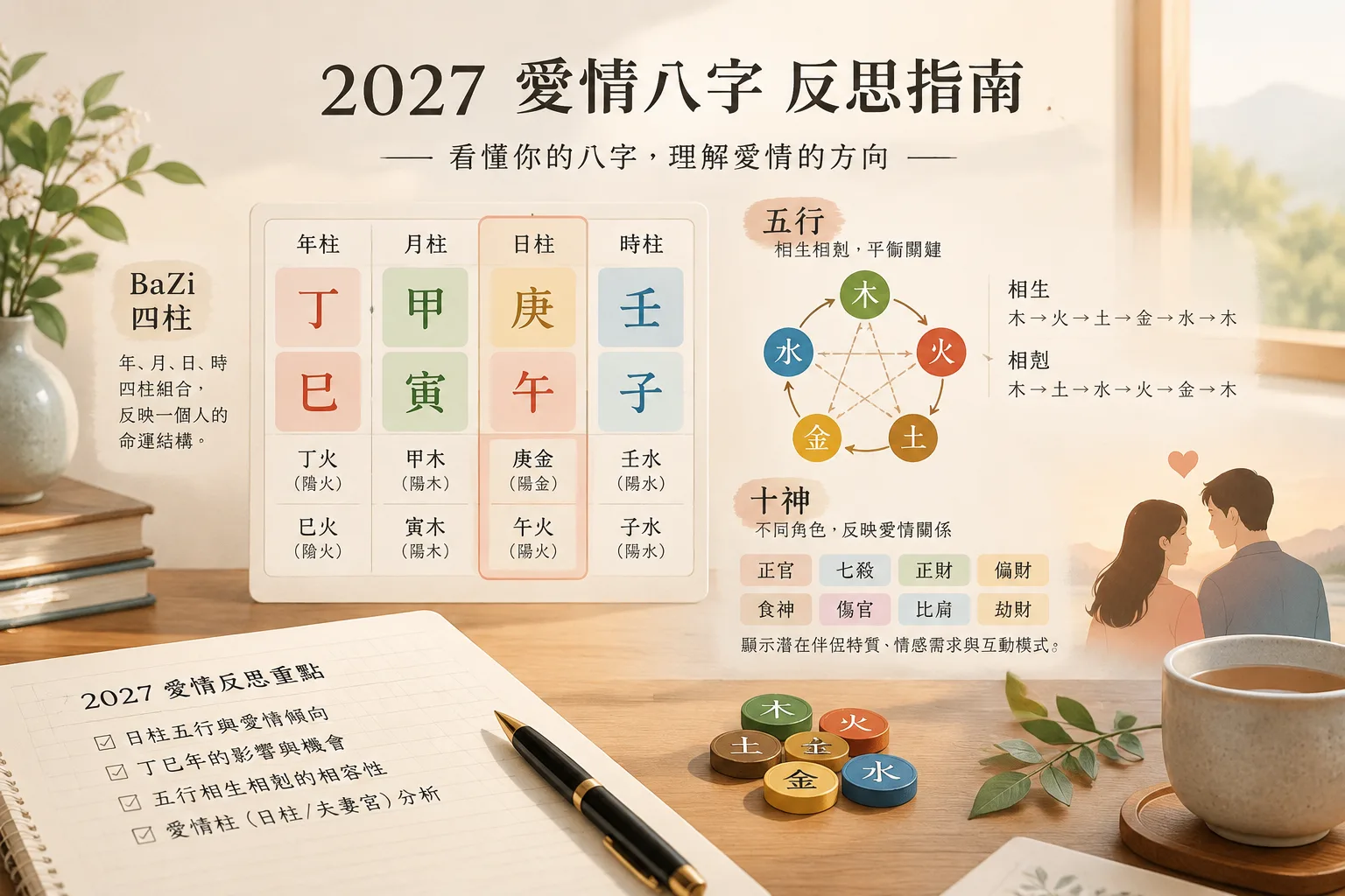 BaZi chart illustration with five elements and ten gods labeled