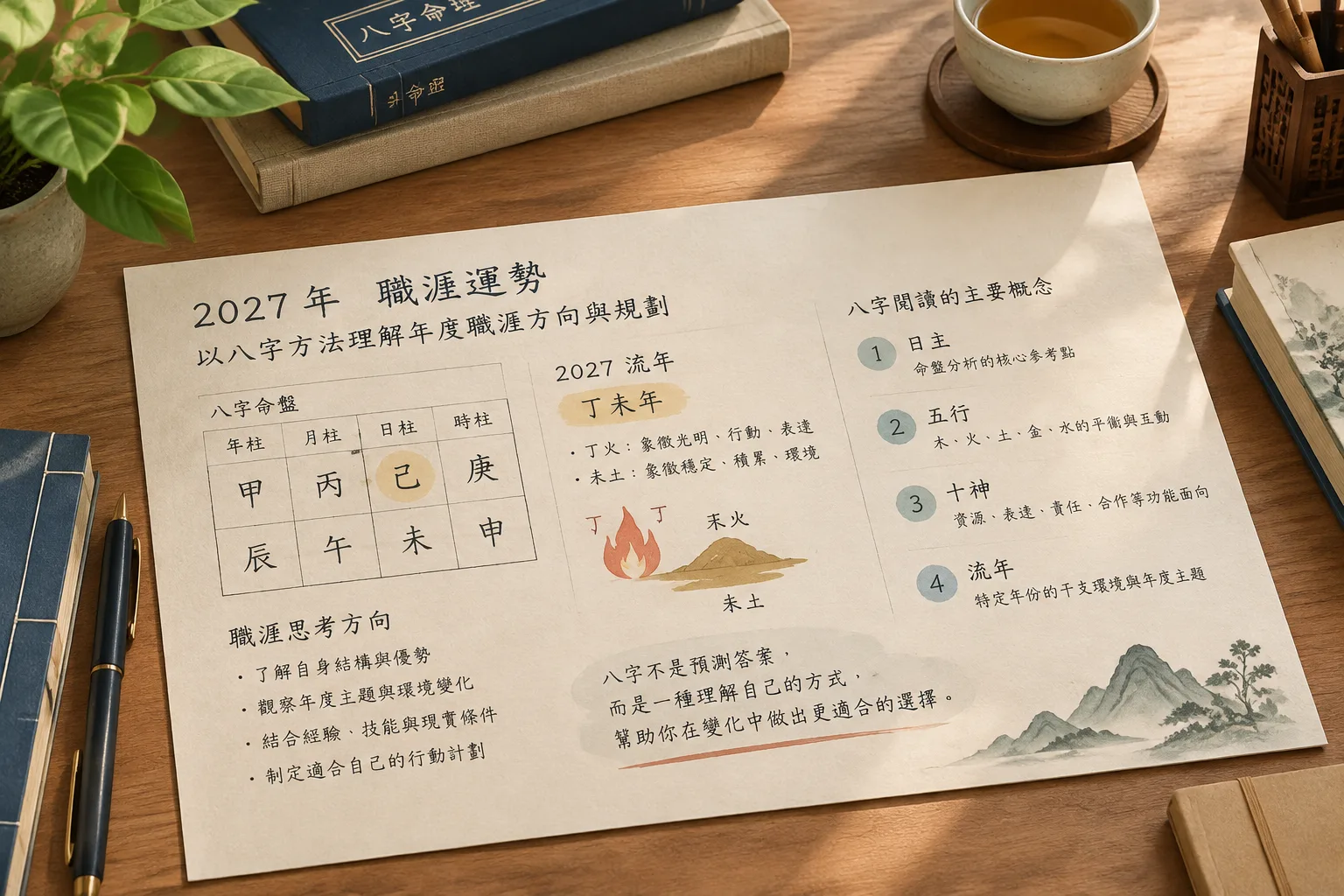 Quiet editorial illustration of a BaZi chart layout
