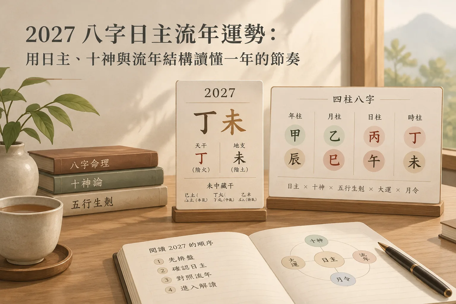 Restrained editorial illustration of a 2027 Ding Wei year pillar beside a four-pillar BaZi chart